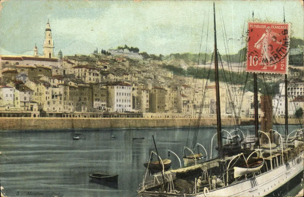 Menton — Porto — vista do porto com barco — editor L. Vaché, n°3 - Frente