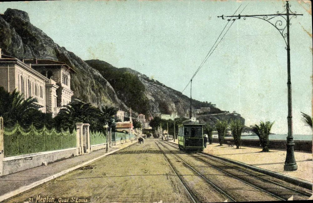 Menton, Quai Saint-Louis — trem e falésia — editor desconhecido, n° 21 - Frente