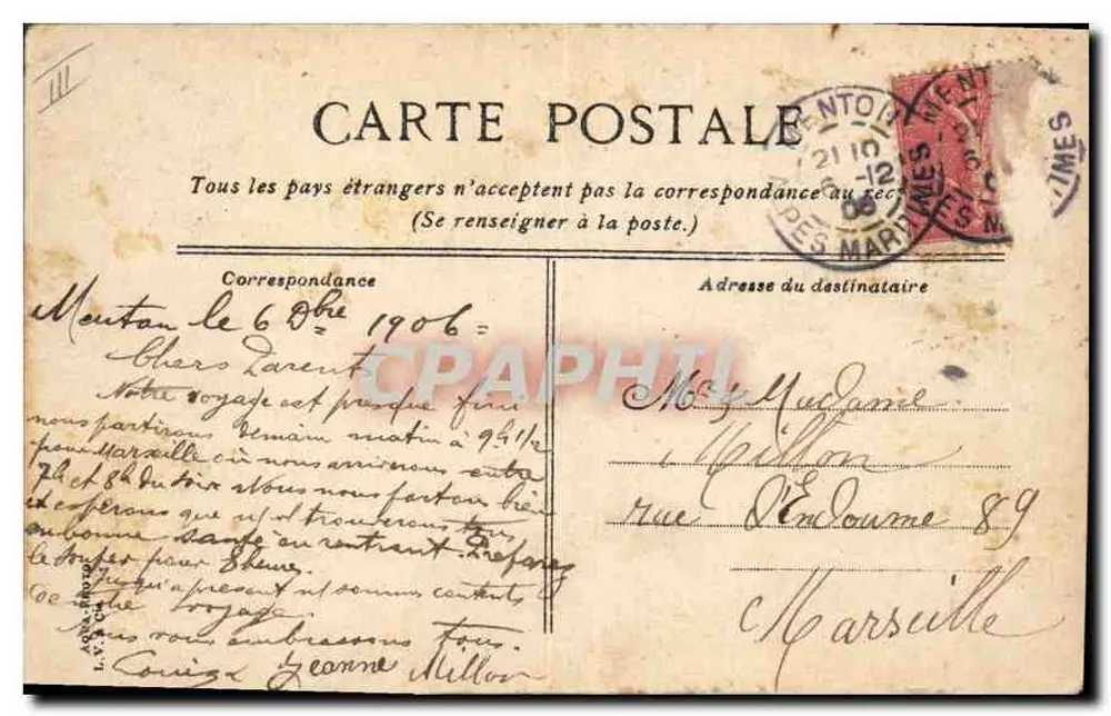 Menton, Quai Saint-Louis — trem e falésia — editor desconhecido, n° 21 - Verso