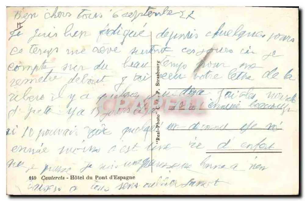 Gauterets - Hotel do Ponte da Espanha — editor 'Real-Photo' n°449 - Verso