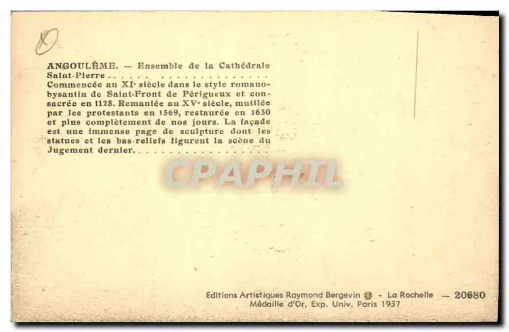 Angoulême — Catedral de São Pedro — Edições Artísticas Raymond Bergevin - Verso