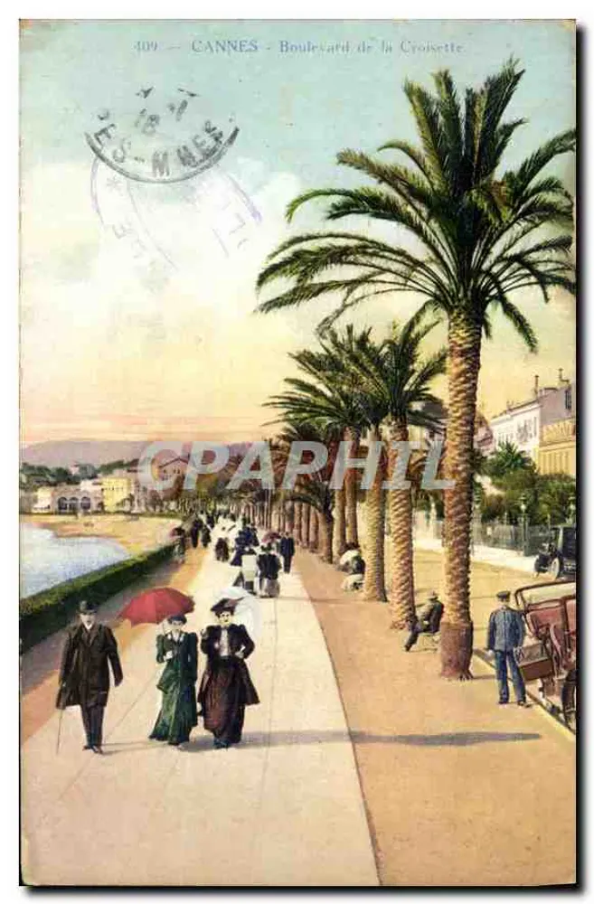 CANNES - Boulevard de la Croisette — vista animada com palmeiras — editor: Edições Dillita & Cie, n° 409 - Frente