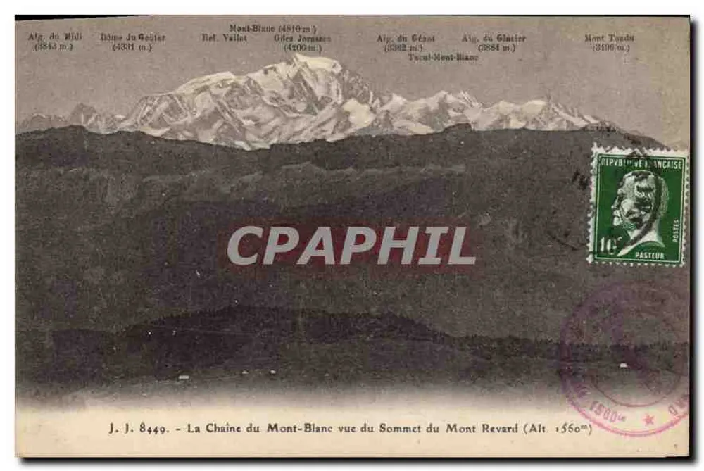 Die Mont-Blanc-Kette vom Gipfel des Mont Revard (Höhe 1560m) — J.J. 8449 — Jullien frères, Genf - Vorderseite