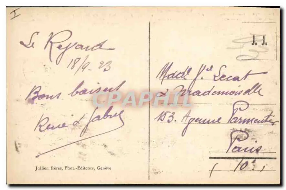 Die Mont-Blanc-Kette vom Gipfel des Mont Revard (Höhe 1560m) — J.J. 8449 — Jullien frères, Genf - Rückseite