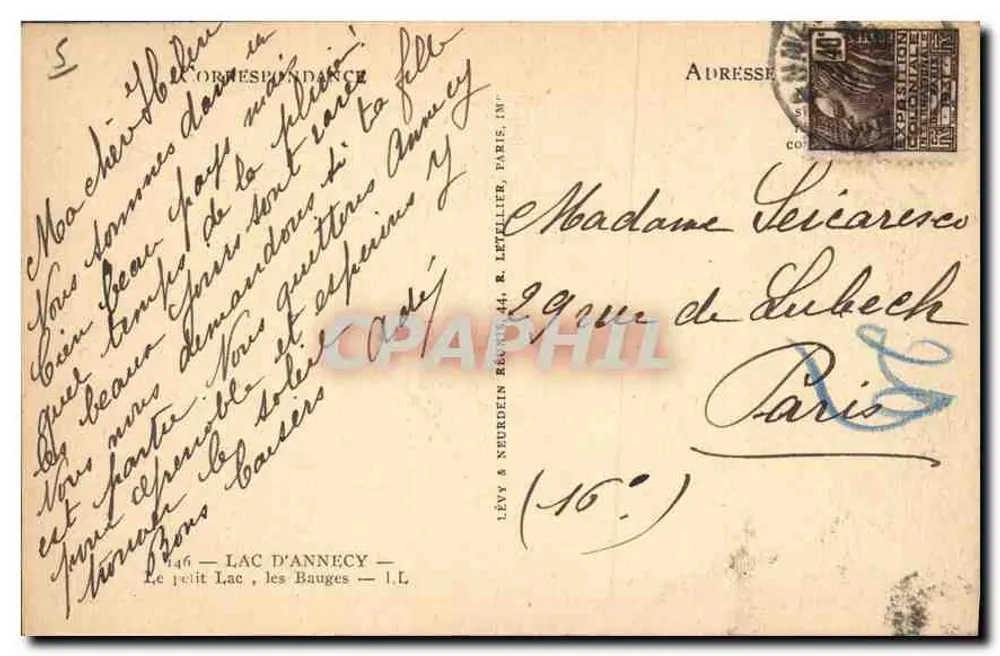 Lago de Annecy — Hotel L'Abbé — Editor Lévy & Neurdein, n°146 - Verso