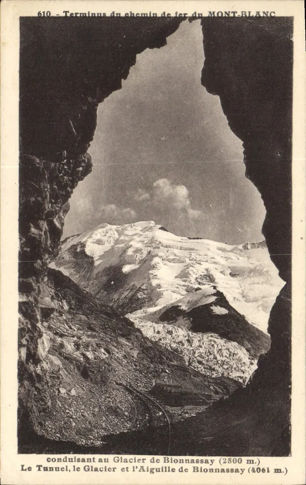 Terminus do trem do MONT-BLANC — Vista do túnel, glaciar e aiguilha de Bionnassay — L. Morand, Mégeve - Frente