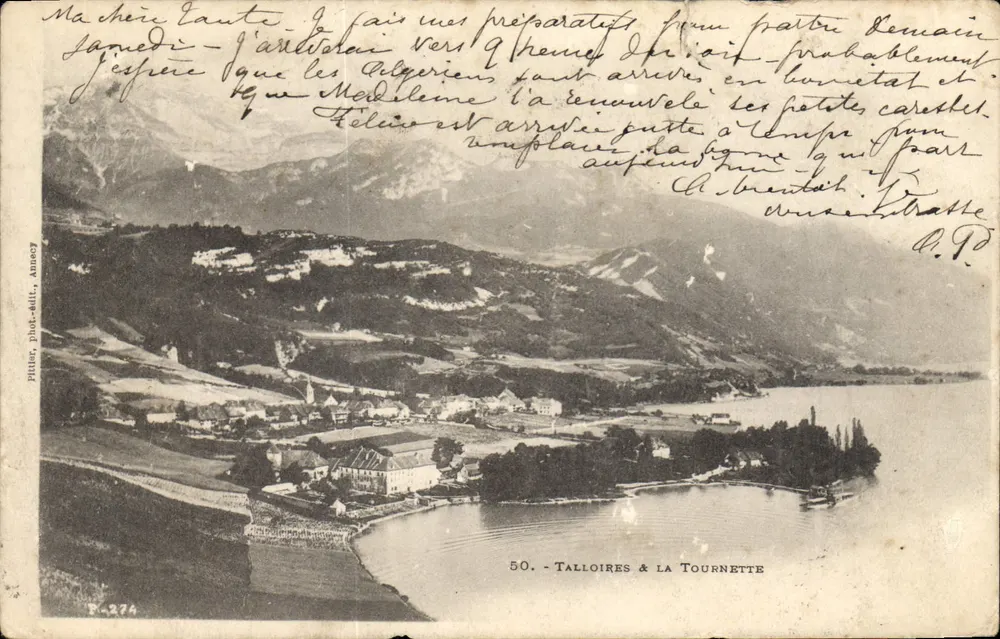 Talloires & La Tournette — vista lacustre com montanhas — editor Hiller, Annecy, n° 50 - Frente