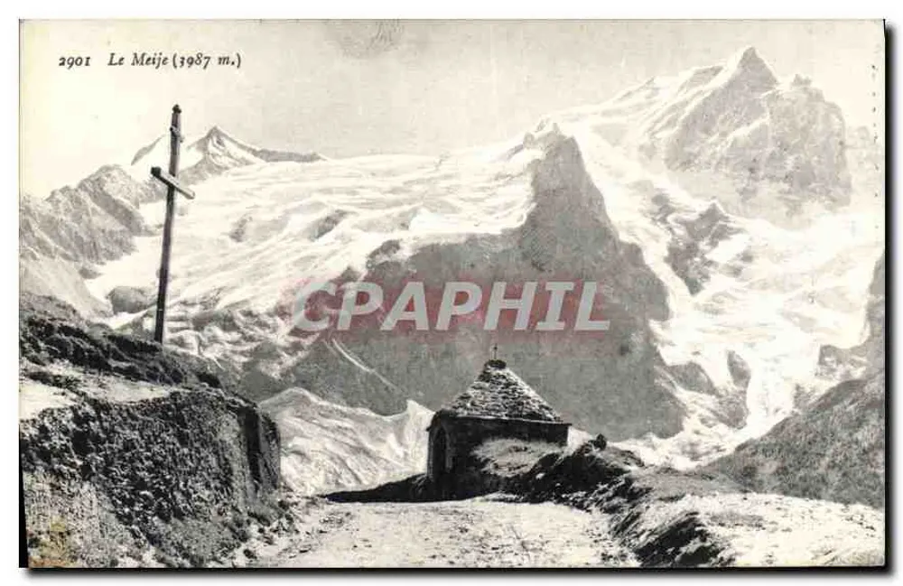 ले मेज़ (3987 मीटर) - बर्फीली पहाड़ जिस पर एक क्रॉस और छोटी चर्च है - ई. रेनॉ, चंबेरी - आगे