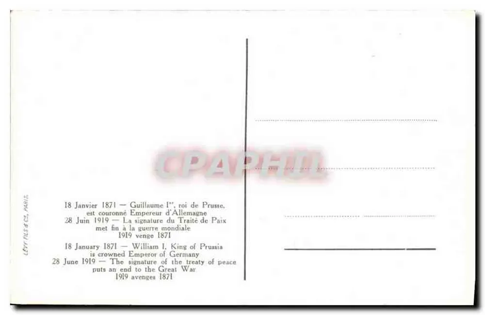 Assinatura da Paz da Grande Guerra — Galeria dos Espelhos, Palácio de Versalhes — Lévy Frères & Cie, Paris - Verso