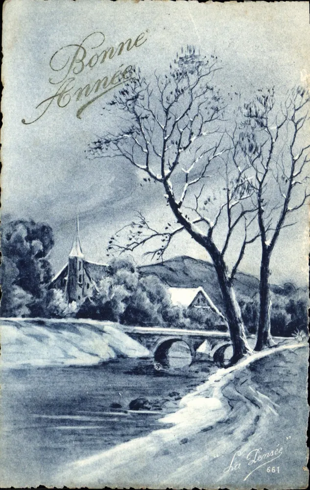 Vista de La Lemsée — paisagem invernal com igreja e ponte — La Lemsée 661 - Frente