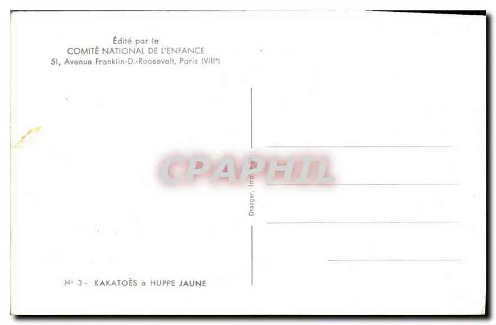 Papagaio com cresta amarela — Série n°3 — Editado pelo Comitê Nacional da Criança, Paris - Verso