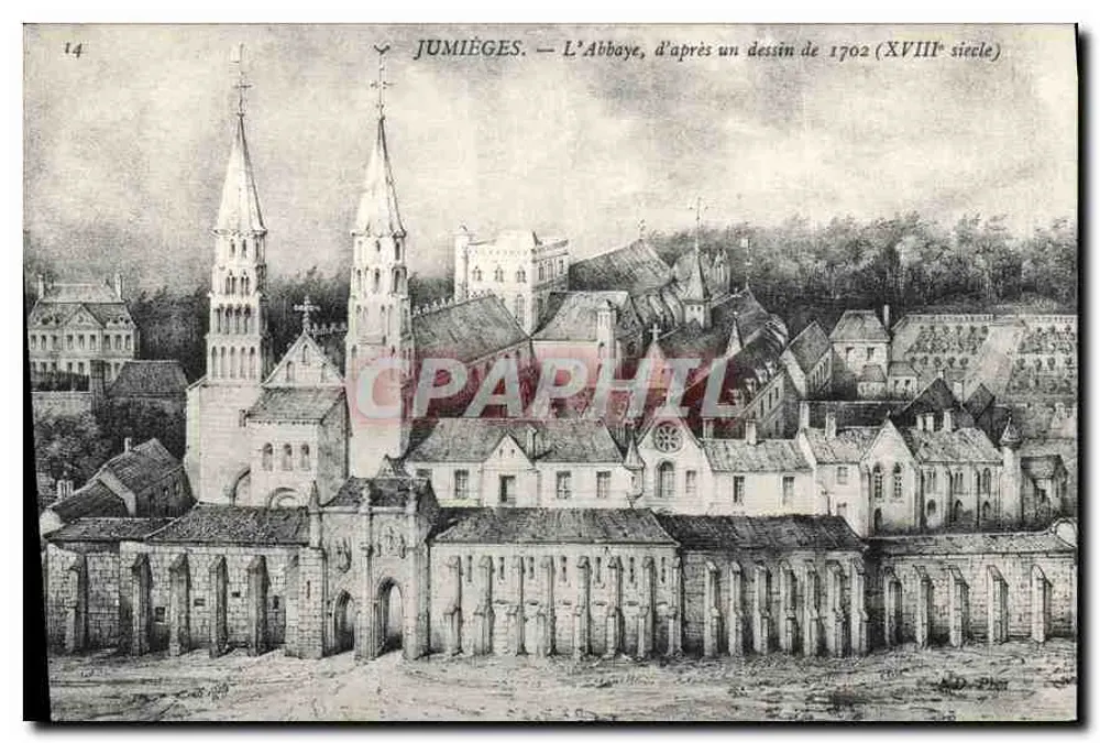 Jumièges — Die Abtei, nach einem Zeichnung von 1702 (18. Jahrhundert) - Vorderseite