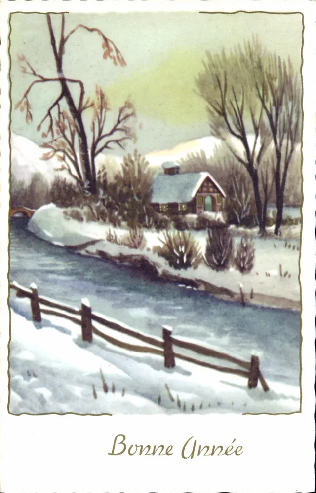 Paisagem invernal — casa à beira de um curso d'água — M.D. Paris, série n°1715 - Frente