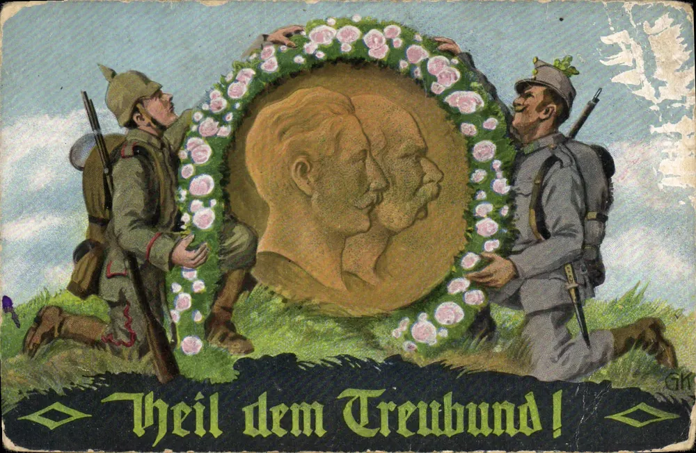 두 명의 병사가 프로필 형태의 관상의 상을 경의를 표하는 모습 — 'Heil dem Treubund!' — 발행사 GK - 앞면