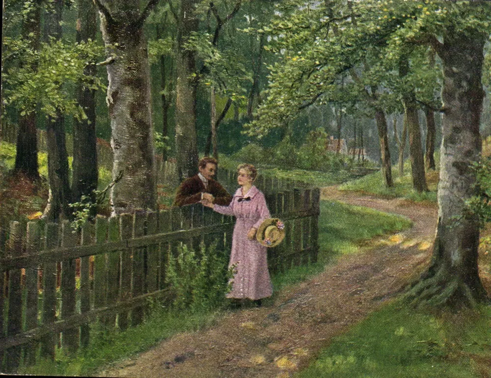 Jovem casal em um parque — cena romântica — C. Krebs : Nachbarstinder, série 4879 - Frente