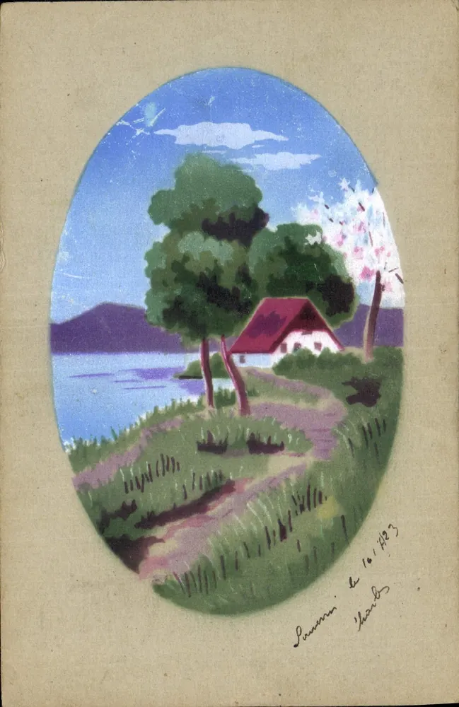 Pauvanni de 16/4/29 — paisagem lacustre com casa — desenho assinado 'Yvan' — editor desconhecido - Frente