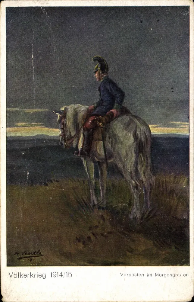 Soldat à cheval — poste de garde au crépuscule — H. Beettle, 1914 - Frente