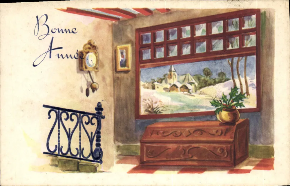 Interior de casa com vista para aldeia nevada — Boa Ano — Imp. En France, série 850 - Frente
