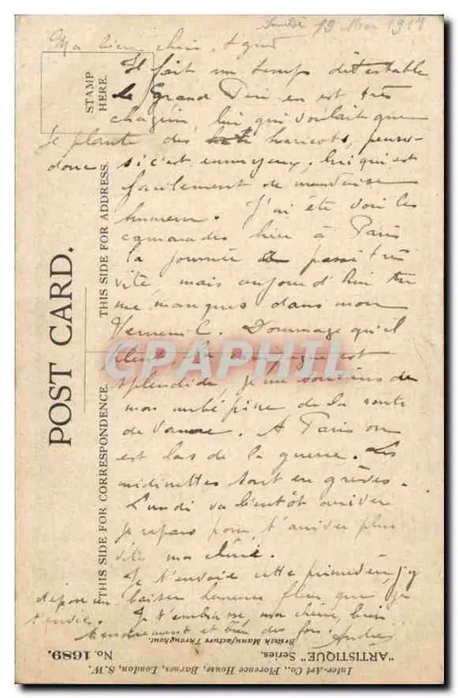 Floresta de bétulas à beira de um lago — texto bilingue — Inter-Artistique Co., Londres, série N° 1689 - Verso