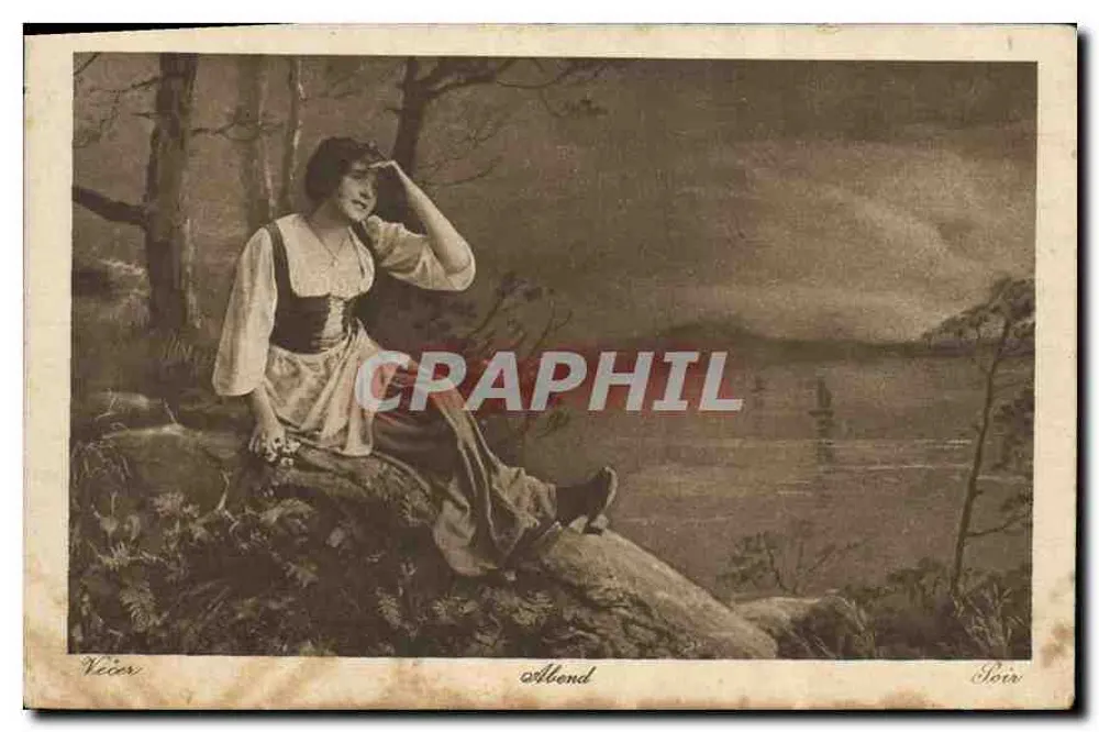 Mulher sentada em uma rocha — paisagem de noite — editor Vécér, n° 3119 - Frente