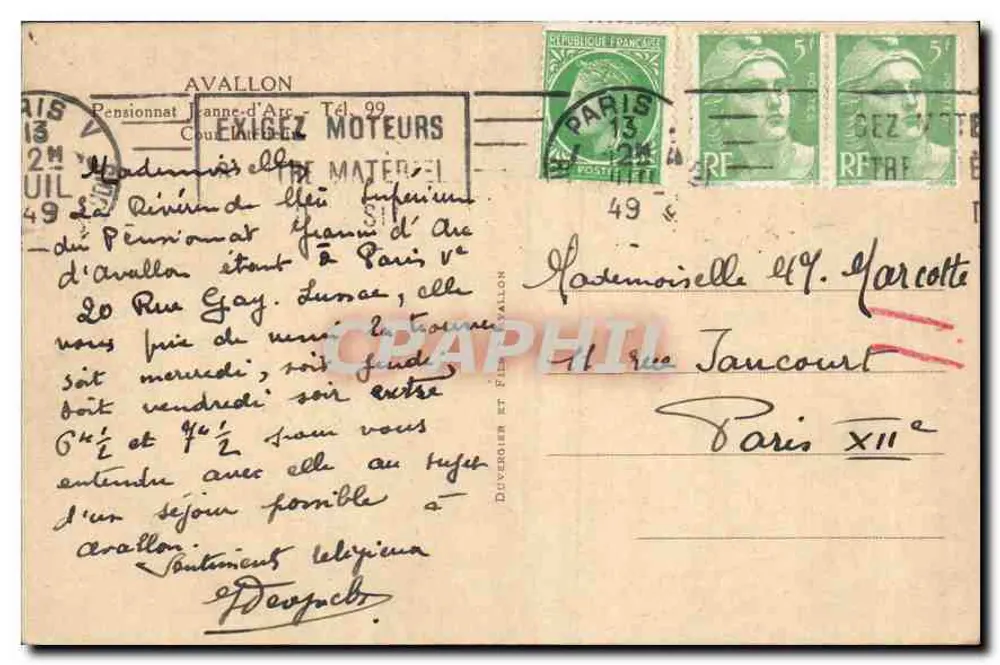 Cour interior de um convento em Avallon — Pensionnat Jeanne-d'Arc — editor Dovener & Fils - Verso