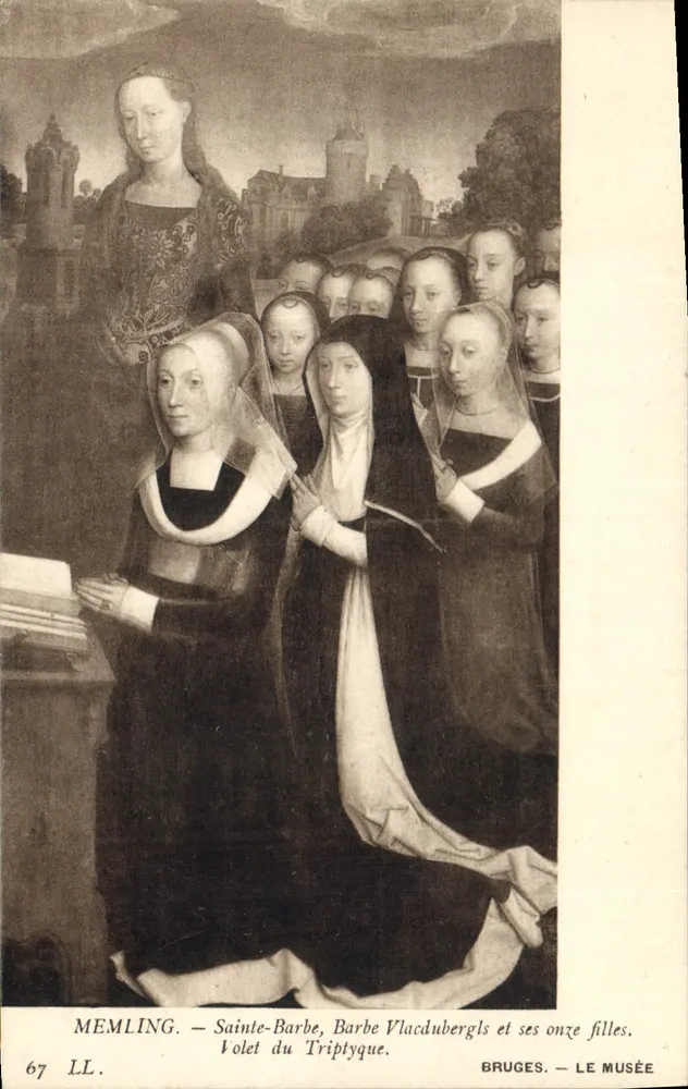 Santa Bárbara, Bárbara Vlacubergs e suas onze filhas — Painel do Triptyque — Memling — Bruges, O Museu - Frente
