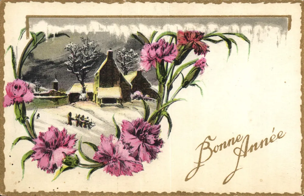Vila nevada — decoração de cravos rosa — carta de boas-vindas - Frente