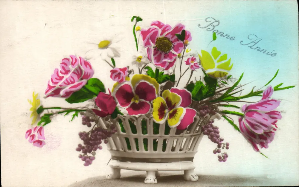 Arranjo de flores coloridas — Boa Ano — editor S.A. S. P. F. n° 69 - Frente