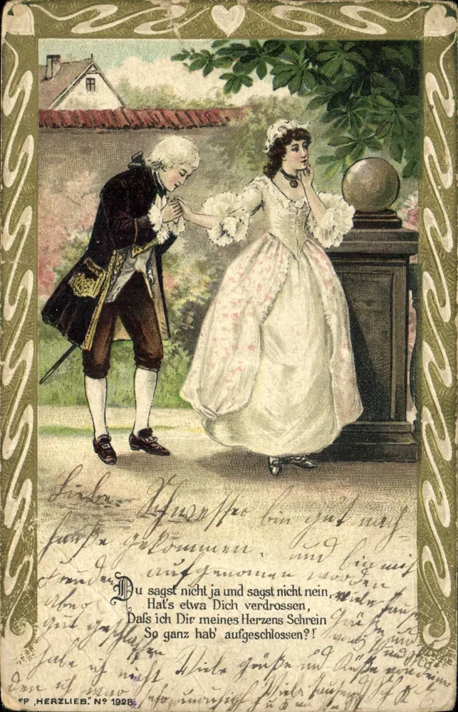 Jungmann und Jungfrau in historischem Kleid — romantische Szene — FP HERZLIEB N° 1928 - Vorderseite