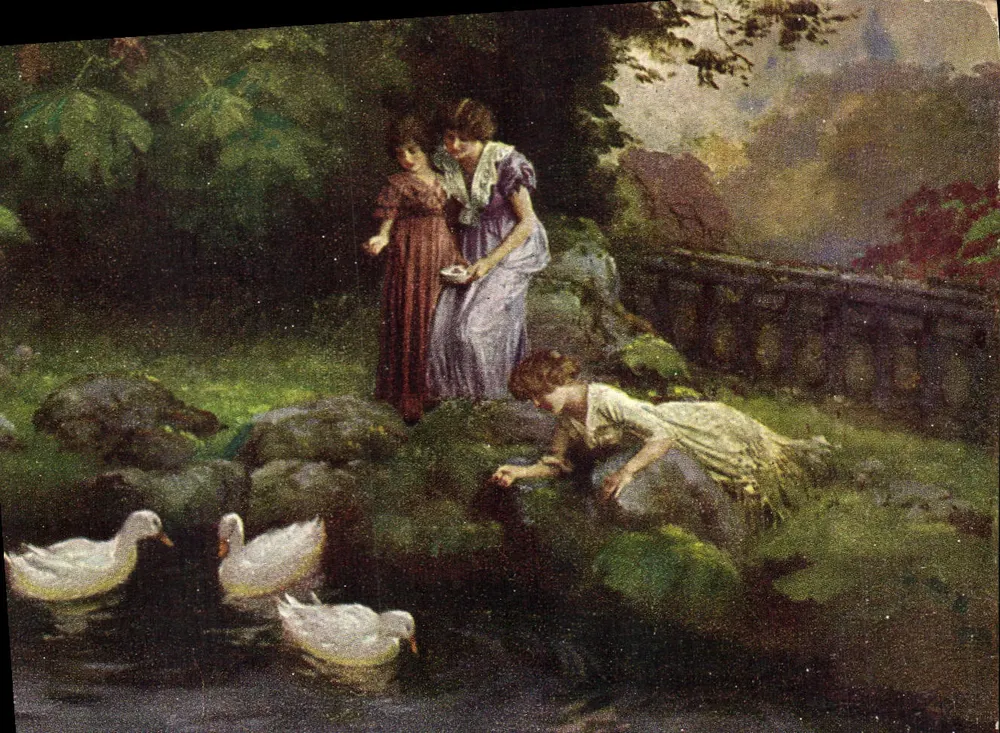 Mulheres e patos — cena de jardim — E. Schneider, série 363 - Frente
