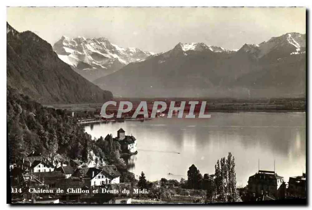 Castelo de Chillon e Dentes do Meio-Dia — Bilhete postal antigo n°114 — Sociedade Gráfica Chiatel - Frente