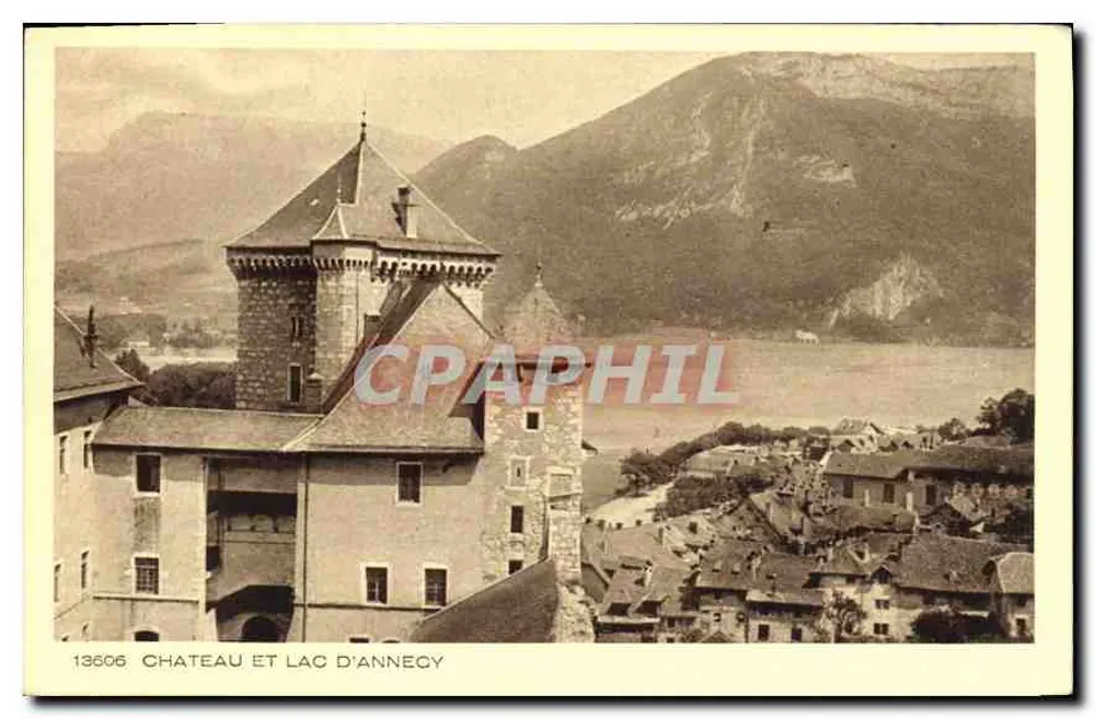 Castelo e Lago de Annecy — vista panorâmica — Coleção La Savoie, editada por Braun & Cie, Mulhouse-Dornach - Frente