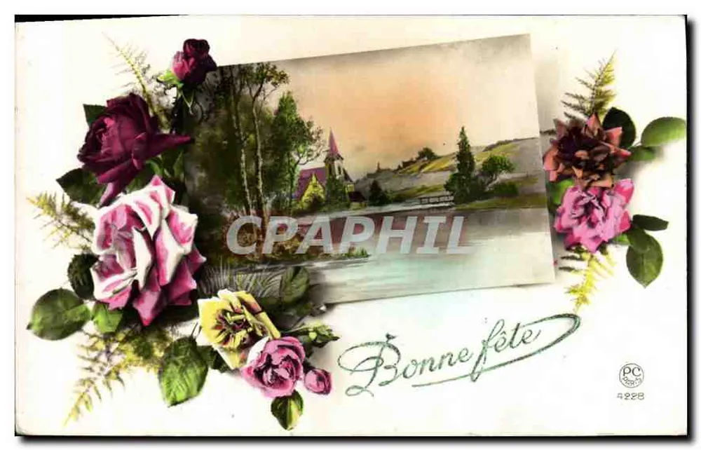 Paisagem com igreja — decoração floral — editor PC, n° 4228 - Frente
