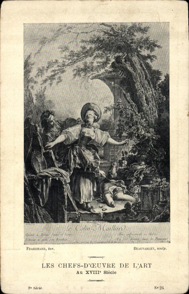 Der Colin-Maillard — Szene der Liebe und der Natur — Fragonard, Zeichnung, Beauvarlet, Kupferstich — 2. Serie, Nr. 24 - Vorderseite
