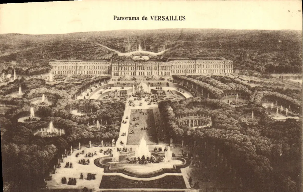 Panorama VERSAILLES — widok z lotu ptaka ogrodu i zamku — Wyd. Manlen, Versailles - Awers