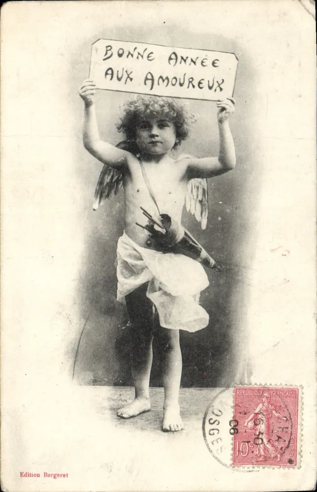 Cupidon — enfant ailé tenant une pancarte — Edition Bergeret - Recto