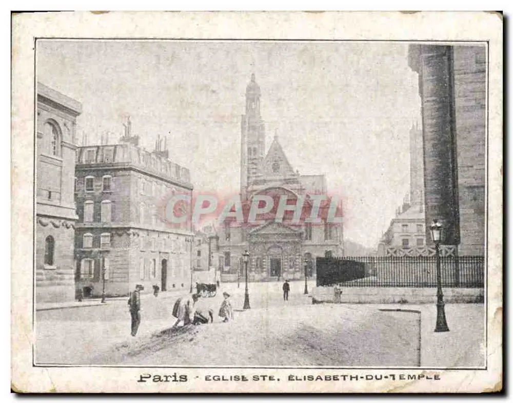 Paris - Église Sainte-Élisabeth-du-Temple — vue de l'édifice avec rue et passants, éditeur non visible - Frente