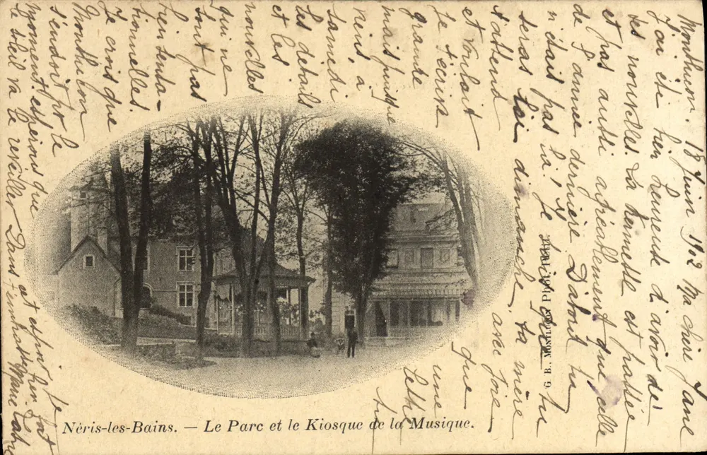 Néris-les-Bains — Der Park und der Musikkiosk — G. B. MASTLIER, Paris - Vorderseite