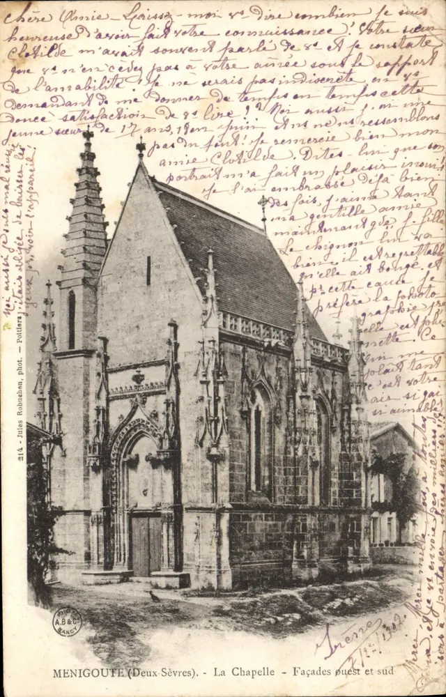 Menigoute (Deux-Sèvres) — Die Kapelle — West- und Südfassaden — Verlag A.B. & Cie, n° 14 - Vorderseite