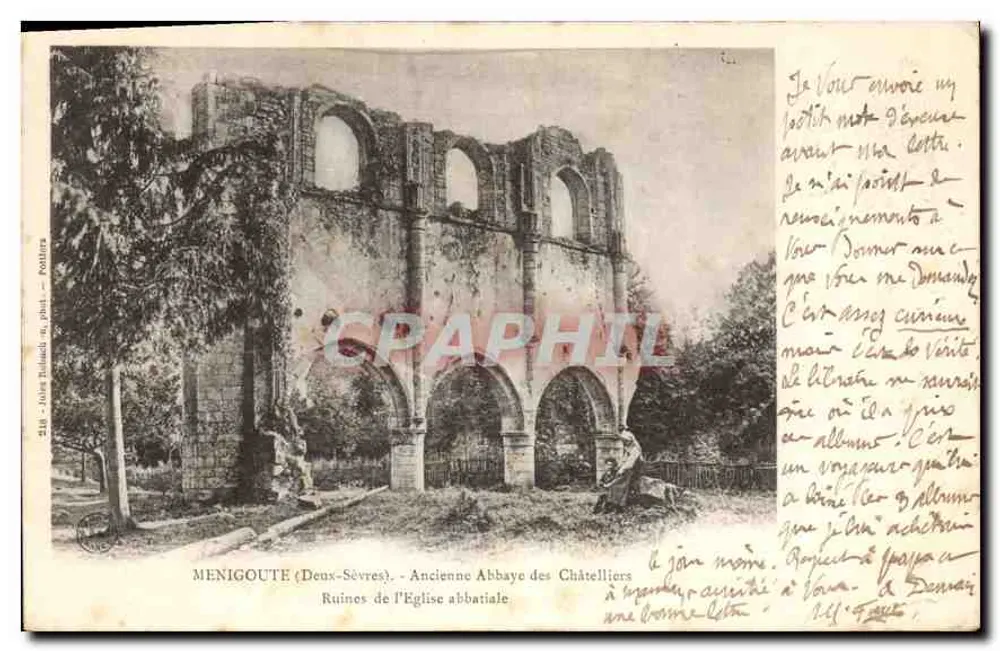 Menigoute (Deux-Sèvres) — Ruinen der Abteikirche — Jules Rulands, phot. — Nr. 218 — Pottiers - Vorderseite