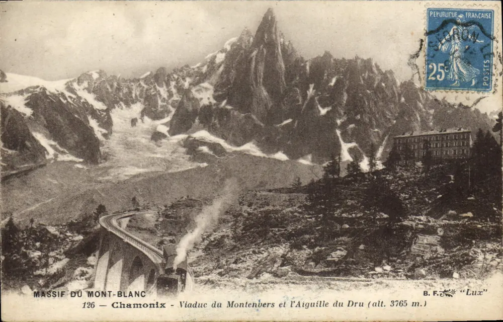 Massiv des Mont-Blanc — Chamonix — Viaduc du Montenvers und Aiguille du Dru (Höhe 3765 m.) — B.F. "Lux" - Vorderseite