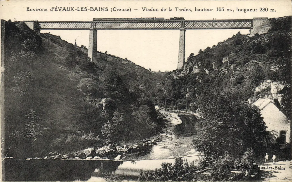 Ao redor de ÉVAUX-LES-BAINS (Creuse) — Viaduto da Tardes, altura 103 m., comprimento 280 m. - Frente