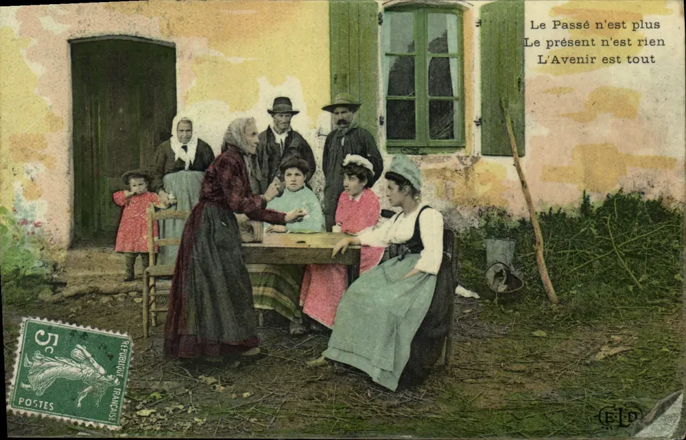 Família e crianças diante de uma casa — texto impresso — editor C.L.P. - Frente