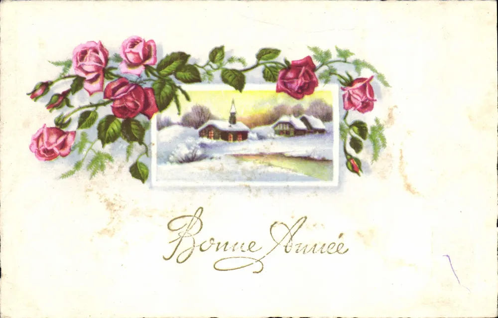 Carta de boas-vindas de inverno — decoração de rosas — texto manuscrito 'Boa Ano' - Frente