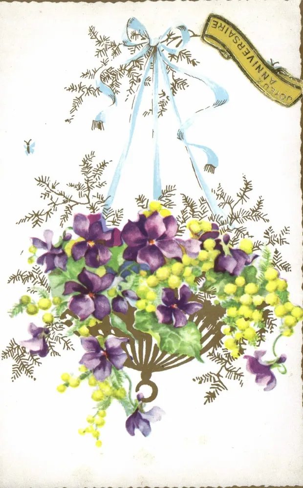 Arranjo de violetas e mimosa — Aniversário — Polyplan Paris, n° 150 - Frente