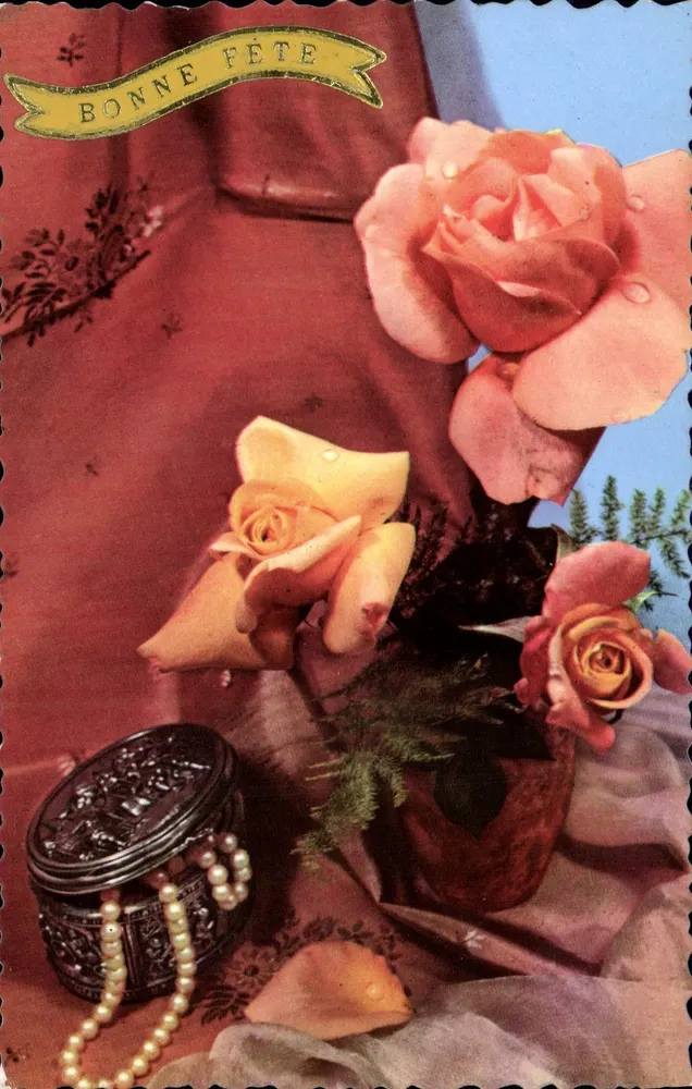 Rosas e joias — Boa Festa — Carta postal ilustrada - Frente