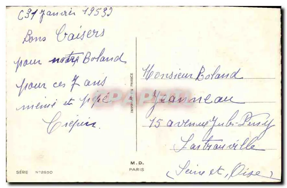 Carnações — Aniversário — M.D. Paris, série n°2650 - Verso