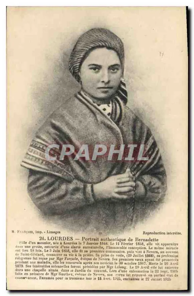 Bernadette Soubirous — Retrato autêntico — M. Françoys, imp. Limeuges - Frente