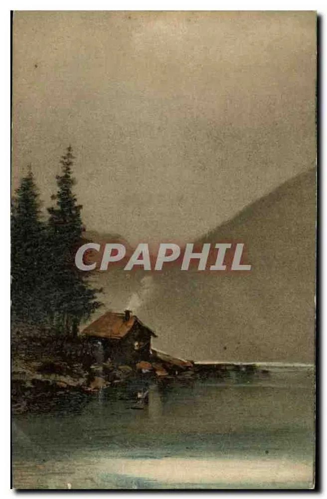 Cabana à beira de um lago — paisagem montanhosa — editor não identificado - Frente