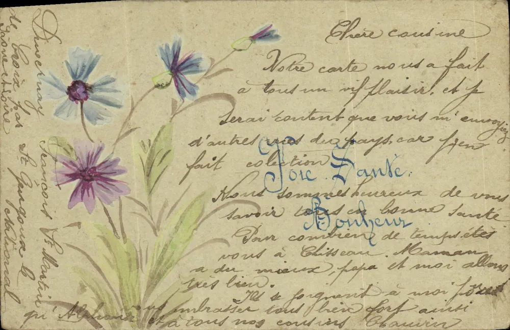 Flores pintadas — carta postal manuscrita — Castelo de Chisseaux, Indre-et-Loire - Frente